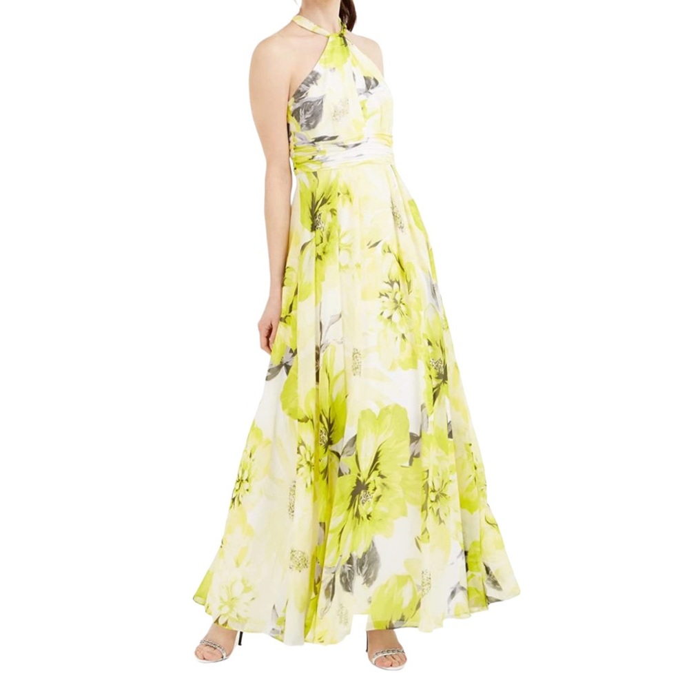 Chiffon Pear Floral Maxi Long Dress Calvin Klein NWT Size 10 Sleeveless Wedding